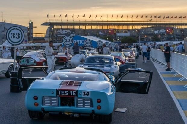 Grid of historic competition cars at Le Mans Classic